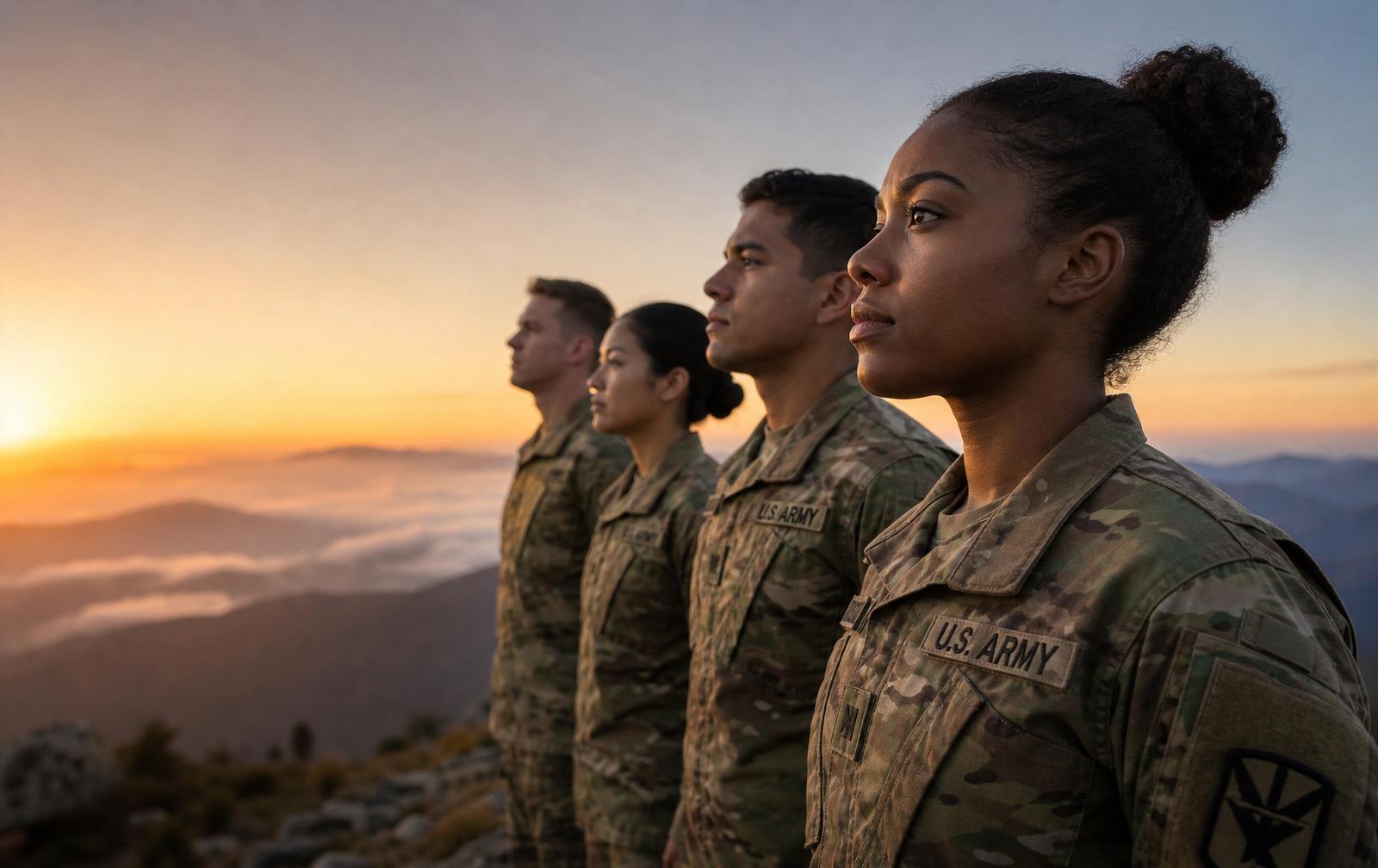 Young adults on a ridge at dawn looking toward the horizon